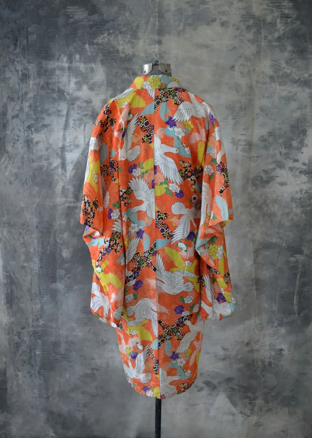 1960s Orange Silk Dove Print Kimono