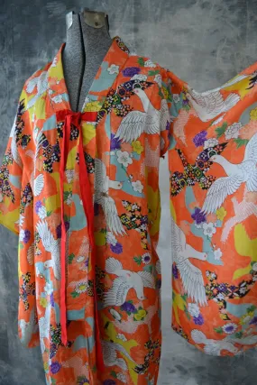 1960s Orange Silk Dove Print Kimono