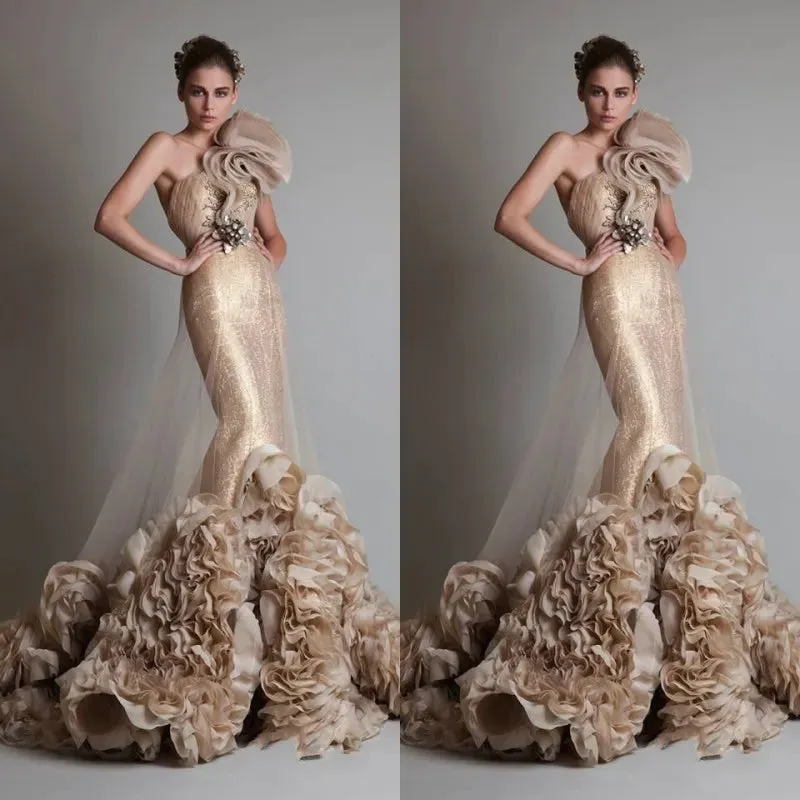 2016 Prom Dress Fashion Sexy One Shoulder Belt Ruffle Sheer Tulle Mermaid Prom Dresses Backless Prom Dresses With Court Train Free Shipping