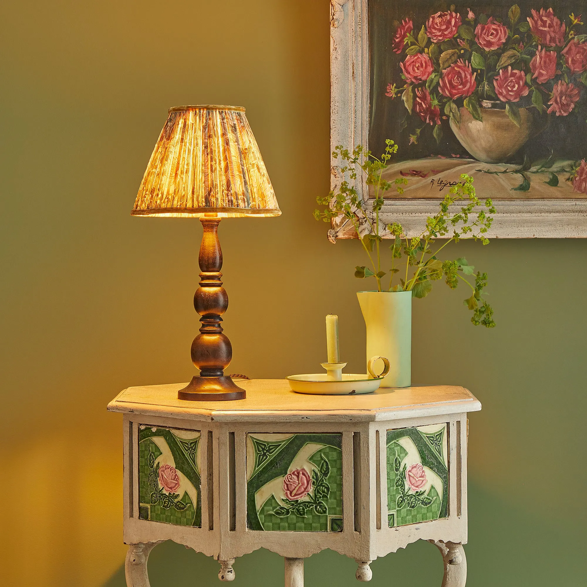 25cm scalloped tall tapered shade in bayleaf & manilla silk Pimpernel by Morris & Co.