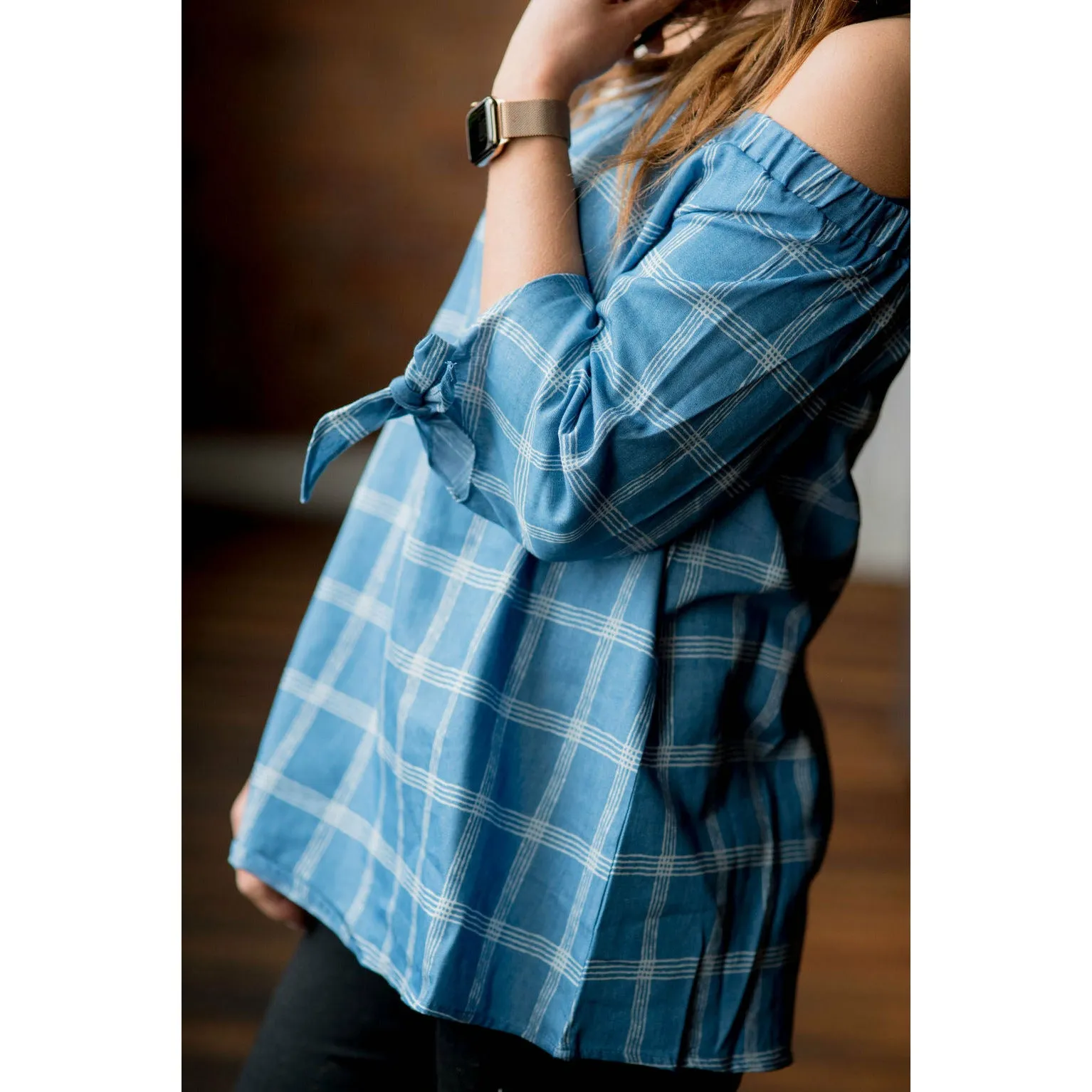 3/4 Sleeve Off Shoulder Grid Blouse
