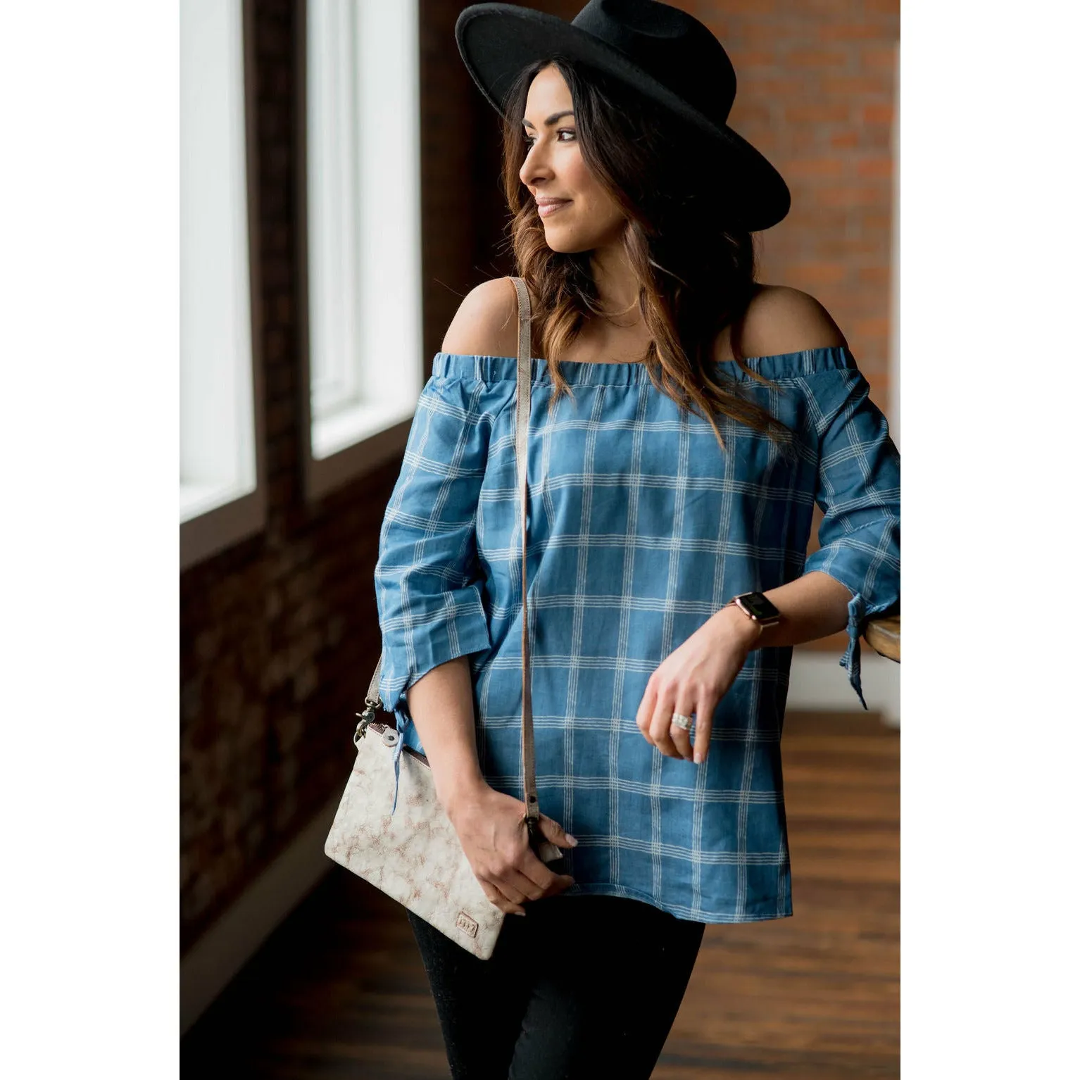 3/4 Sleeve Off Shoulder Grid Blouse
