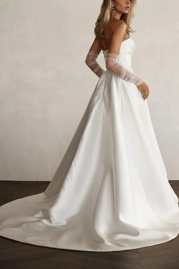 A line sweet satin pleated simple sleeved wedding dress