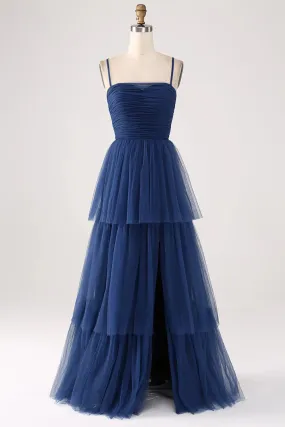 A Line thin shoulder strap layered sheer pleated slit prom dress