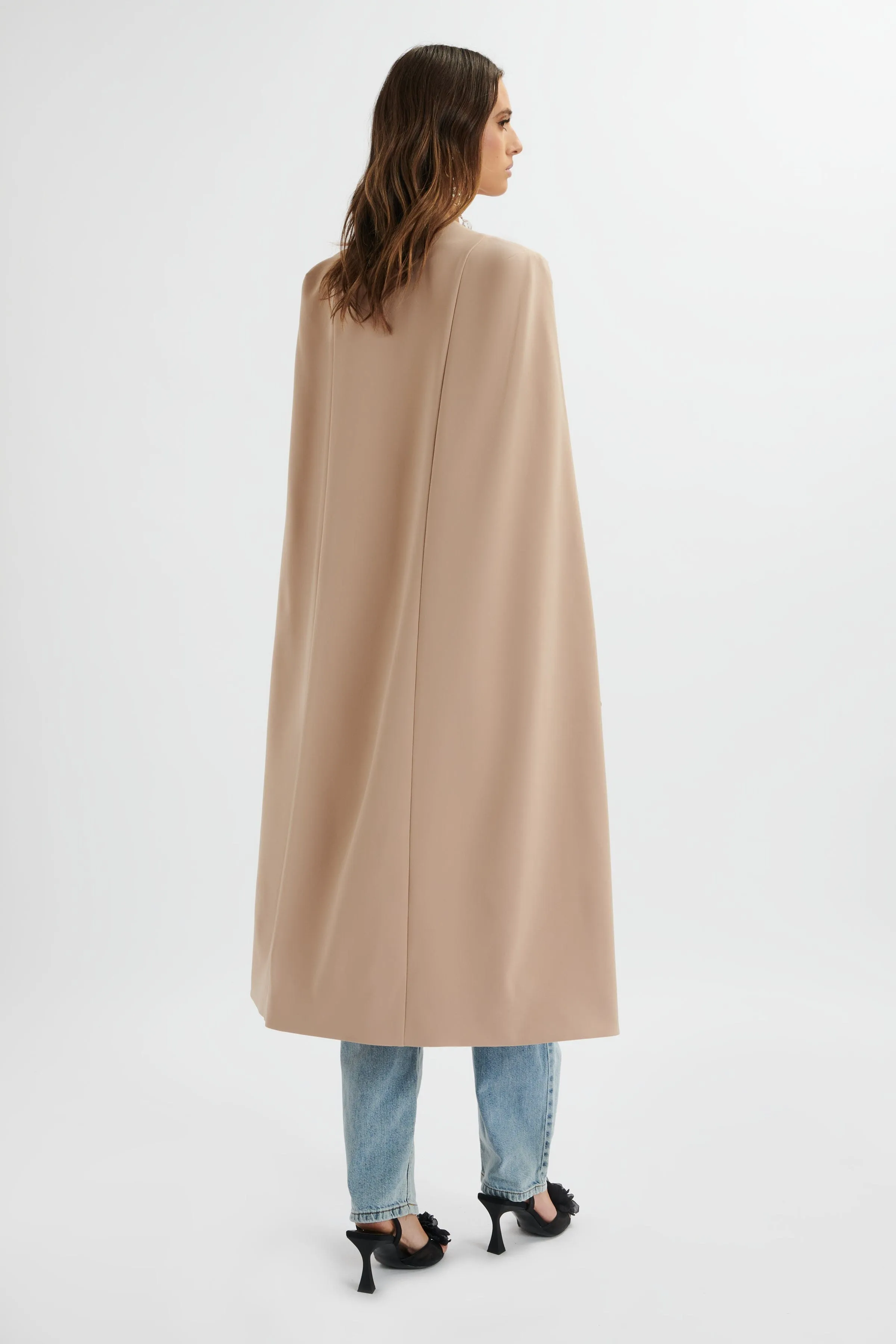 ALEXIA Longline Belted Cape Blazer In Camel