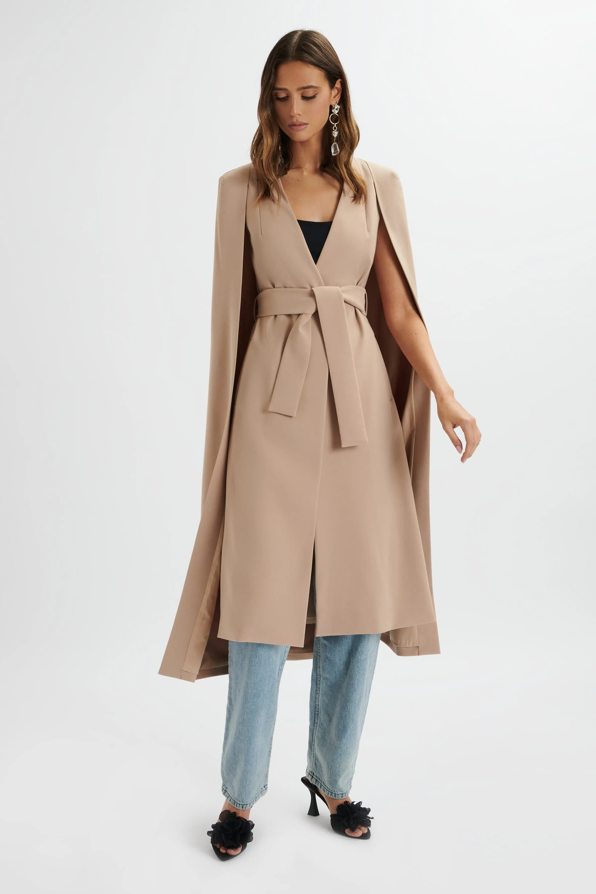 ALEXIA Longline Belted Cape Blazer In Camel