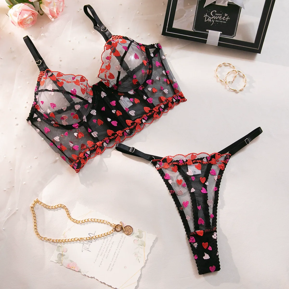 Amora Sheer Heart Embroidered 2 Piece Lingerie Set