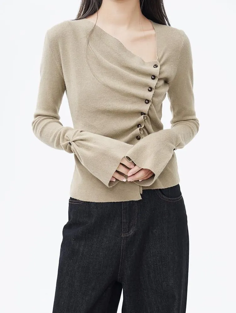 Asymmetric Button Ruched Long Sleeve Top