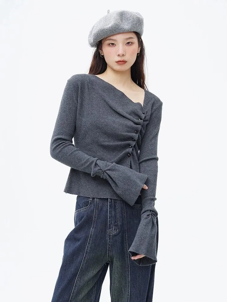 Asymmetric Button Ruched Long Sleeve Top