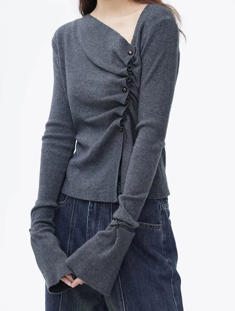Asymmetric Button Ruched Long Sleeve Top