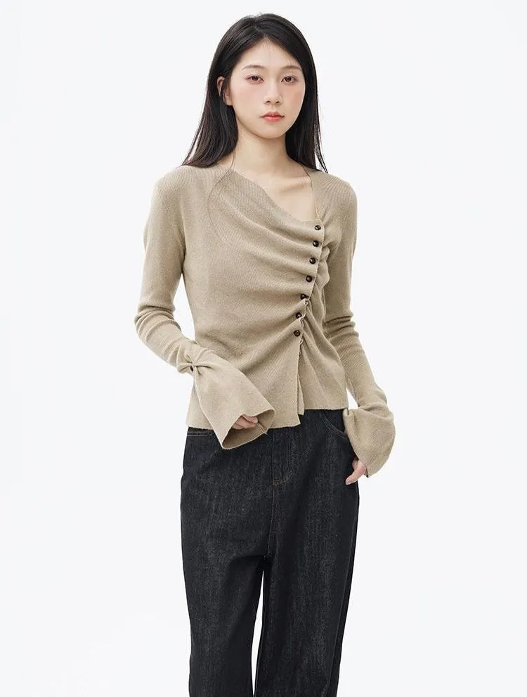 Asymmetric Button Ruched Long Sleeve Top