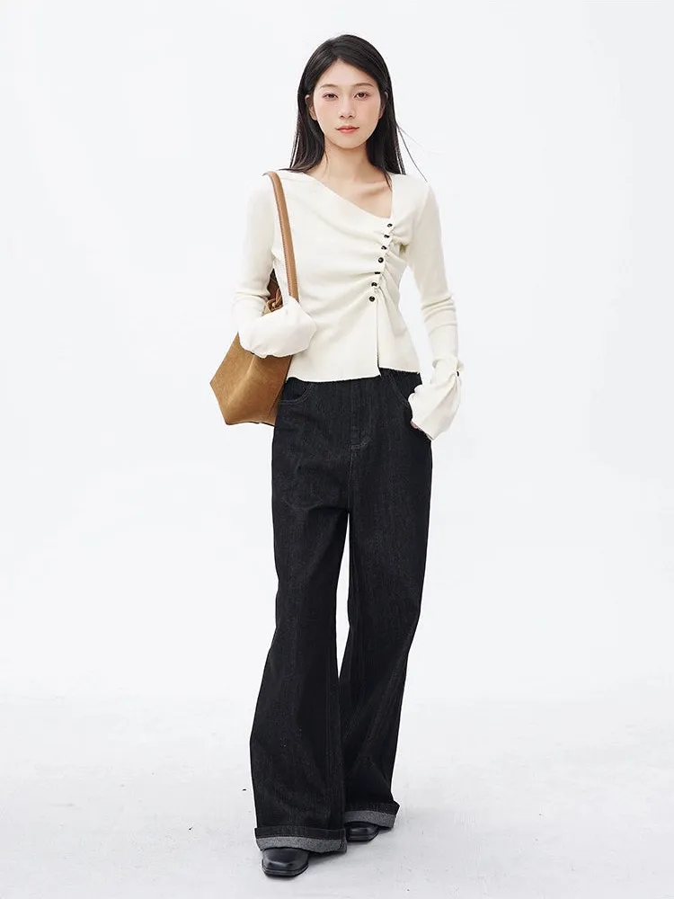 Asymmetric Button Ruched Long Sleeve Top