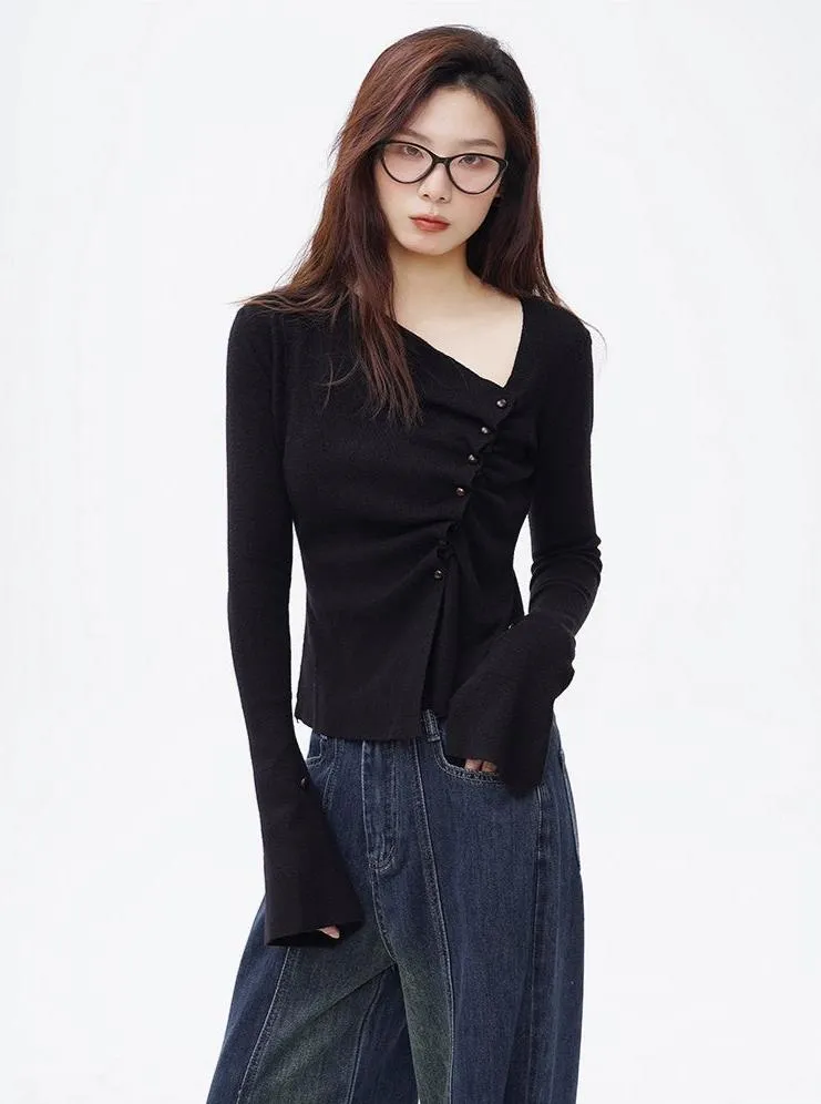 Asymmetric Button Ruched Long Sleeve Top