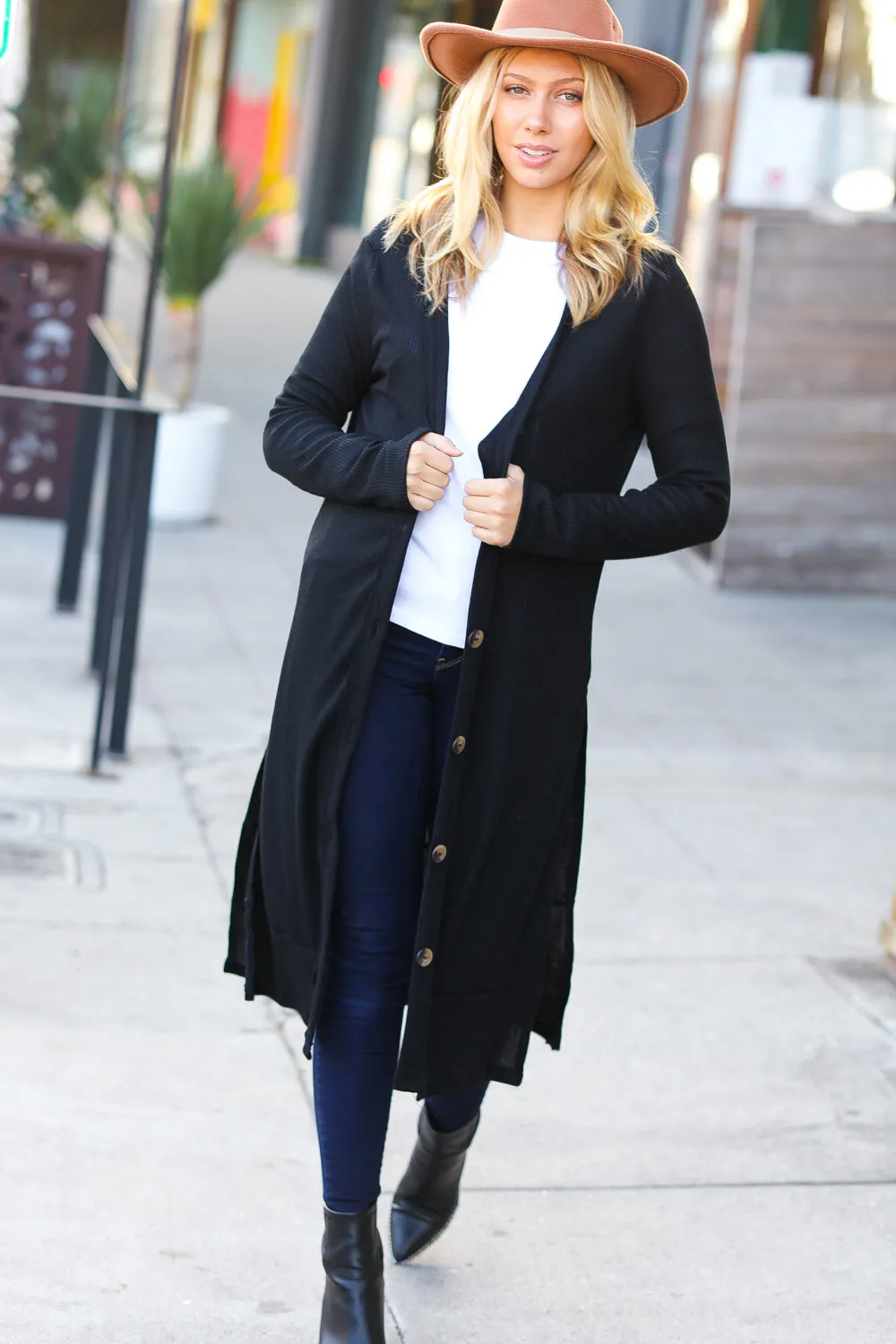 Black Ribbed Longline Cardigan