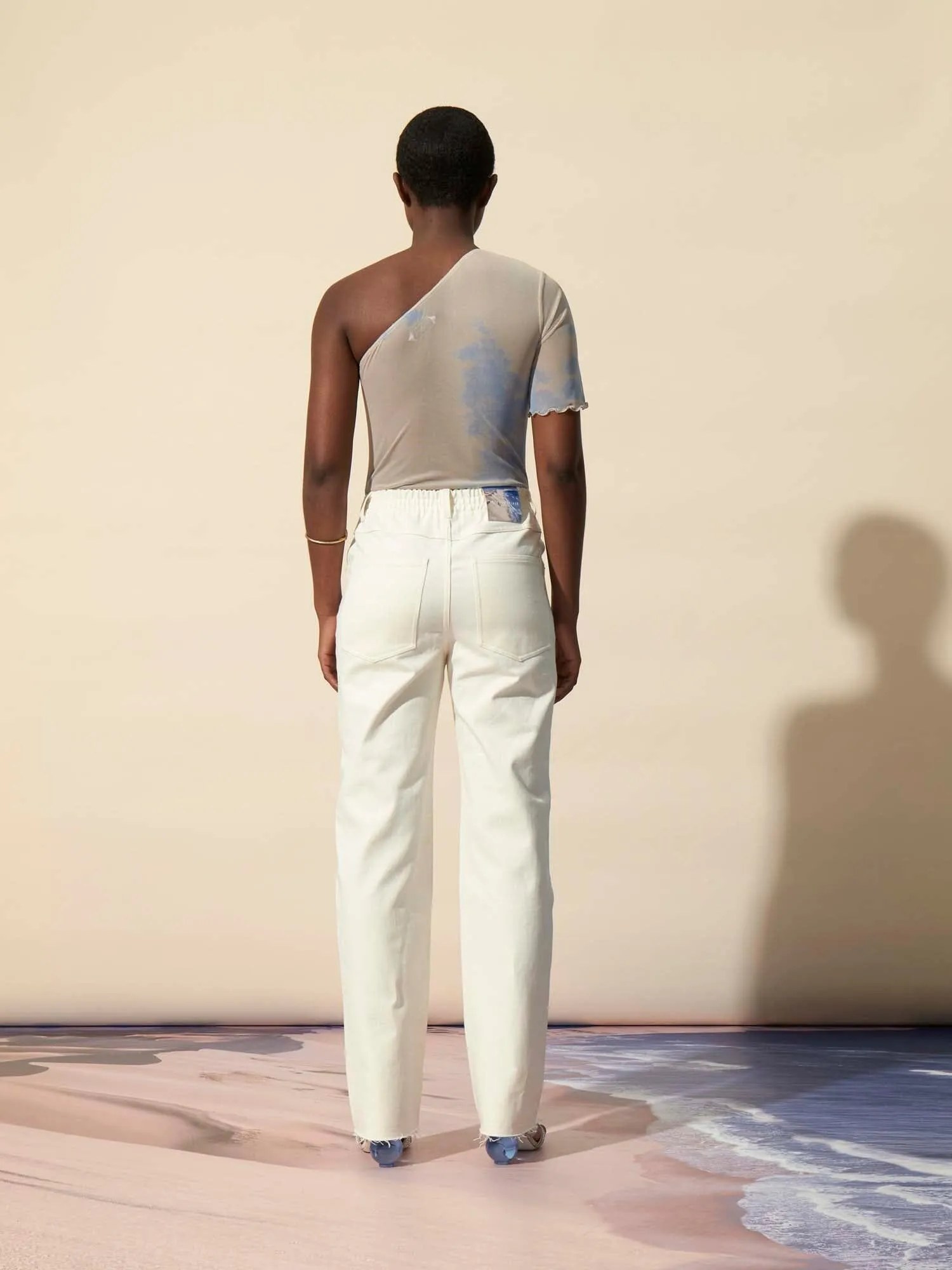 BLAKE - Jean droit taille mi-haute élastiquée et bas bord franc effilé denim GRS Ecru