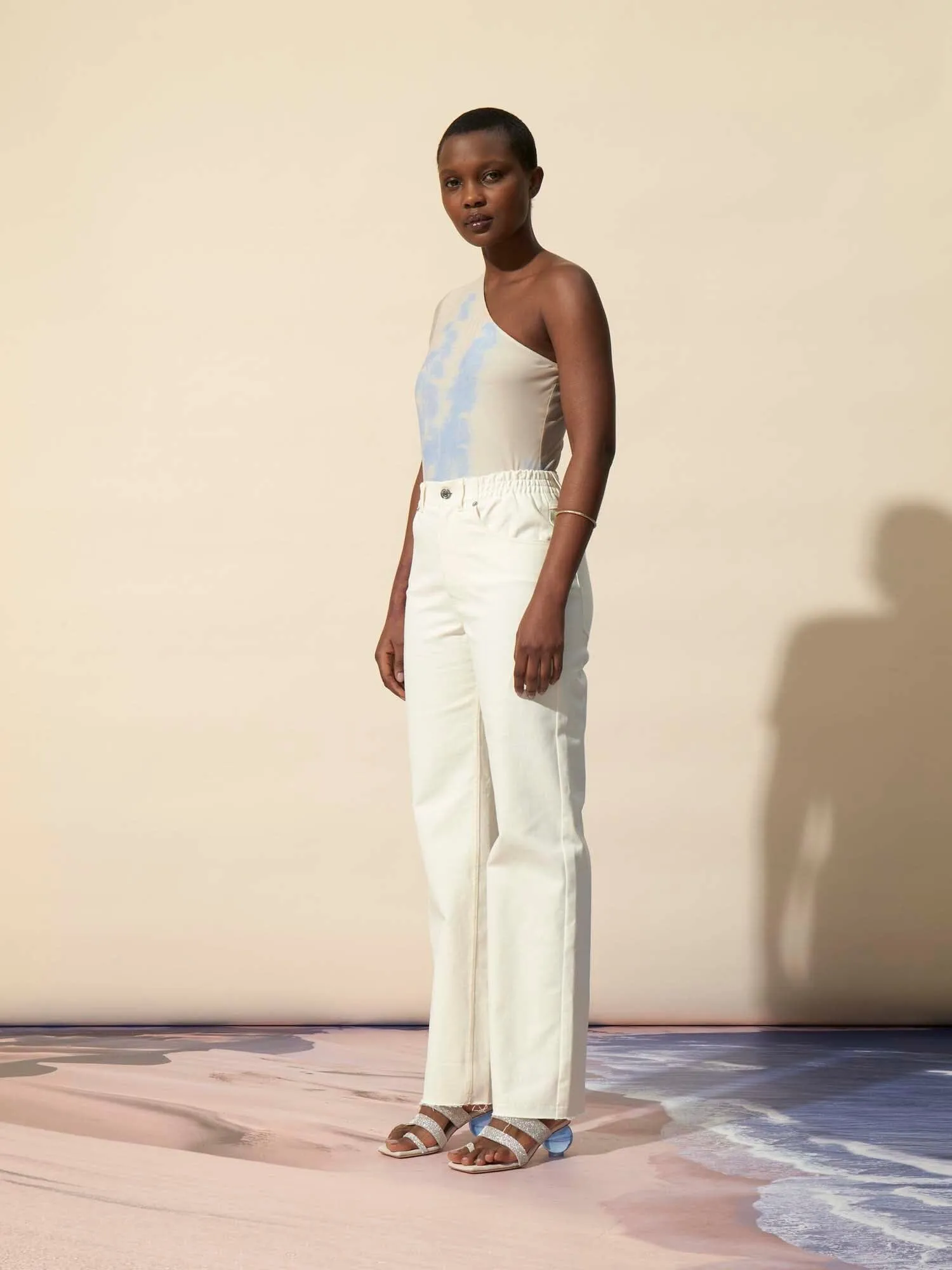 BLAKE - Jean droit taille mi-haute élastiquée et bas bord franc effilé denim GRS Ecru