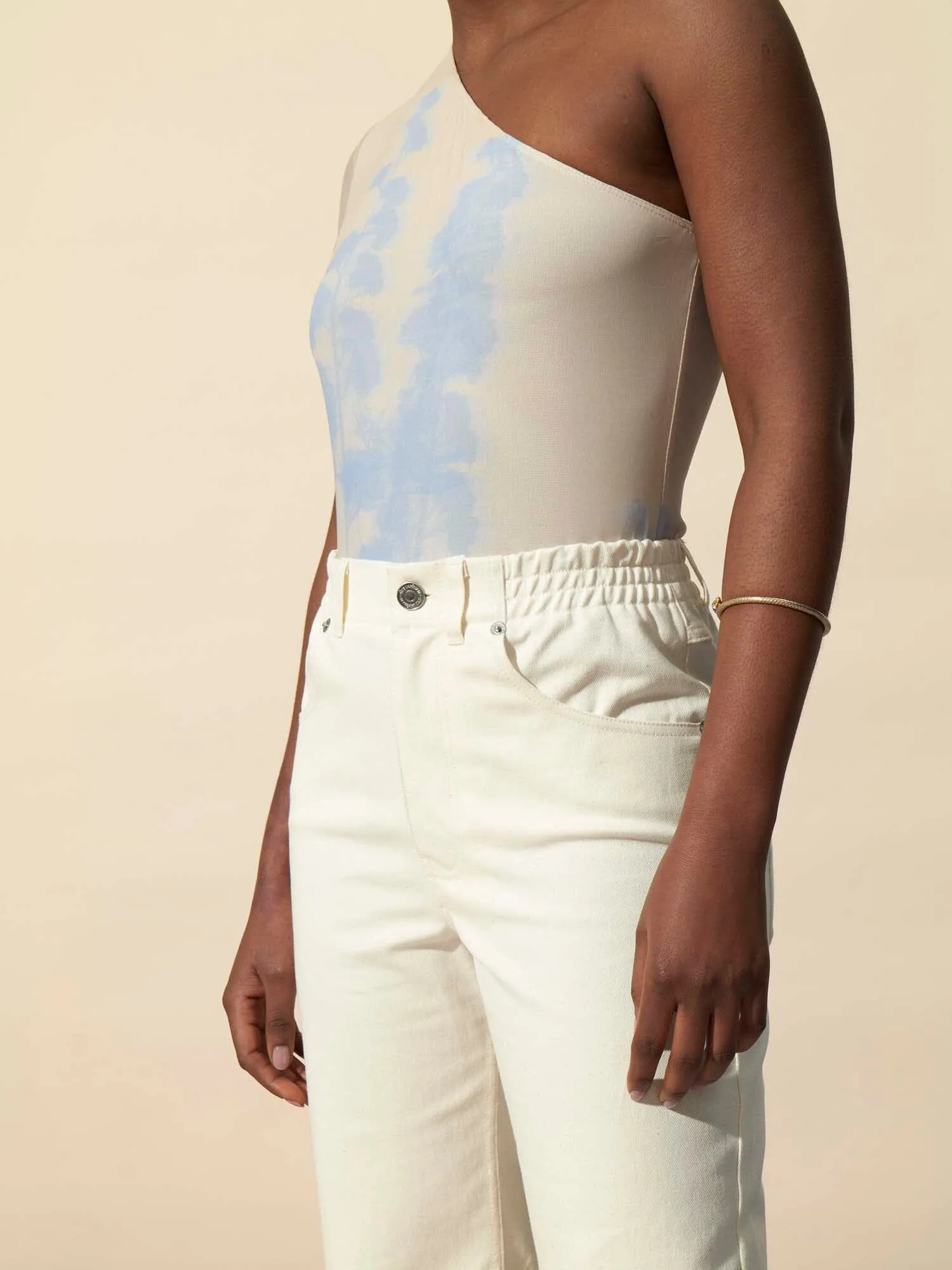 BLAKE - Jean droit taille mi-haute élastiquée et bas bord franc effilé denim GRS Ecru