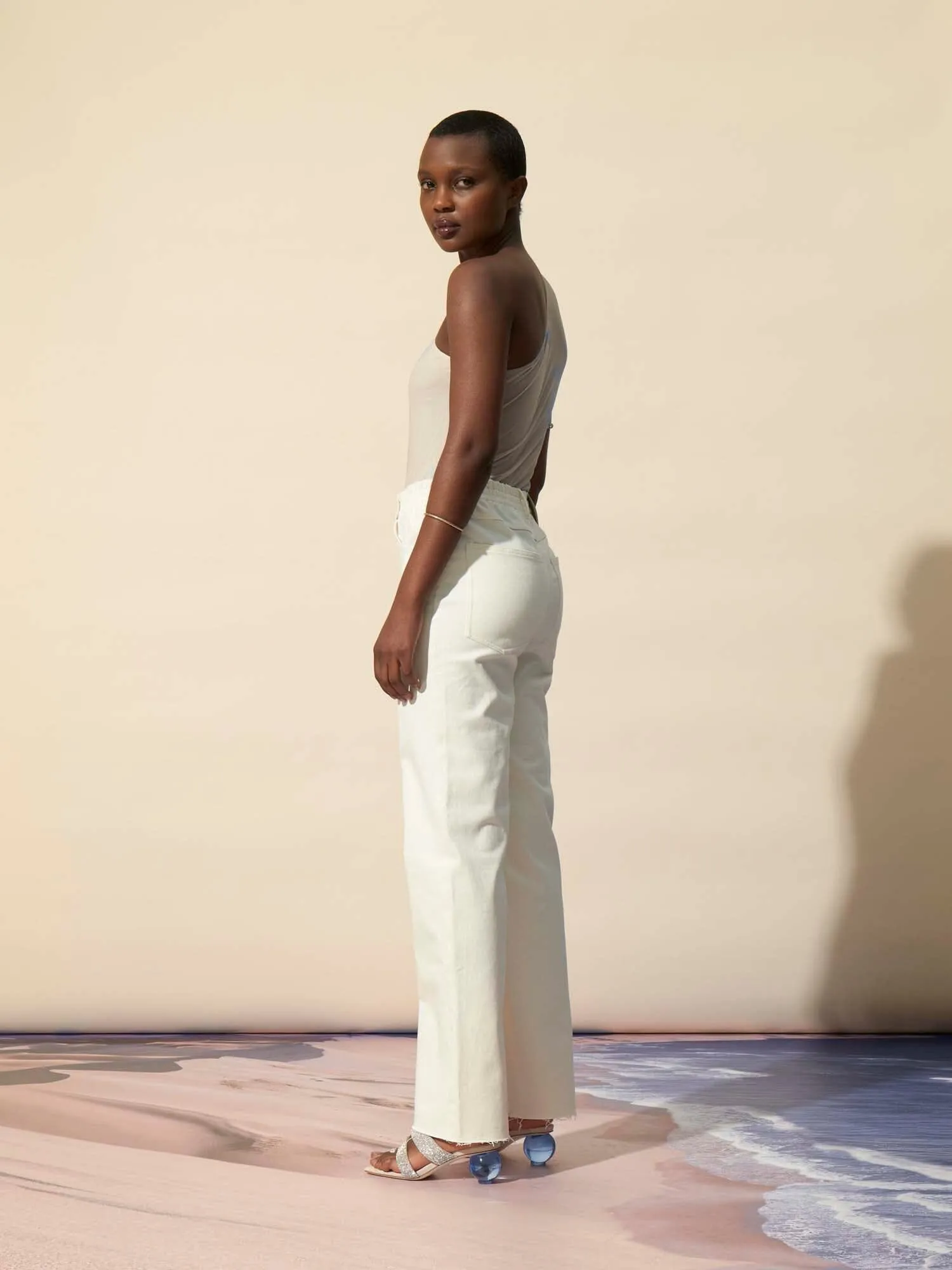 BLAKE - Jean droit taille mi-haute élastiquée et bas bord franc effilé denim GRS Ecru