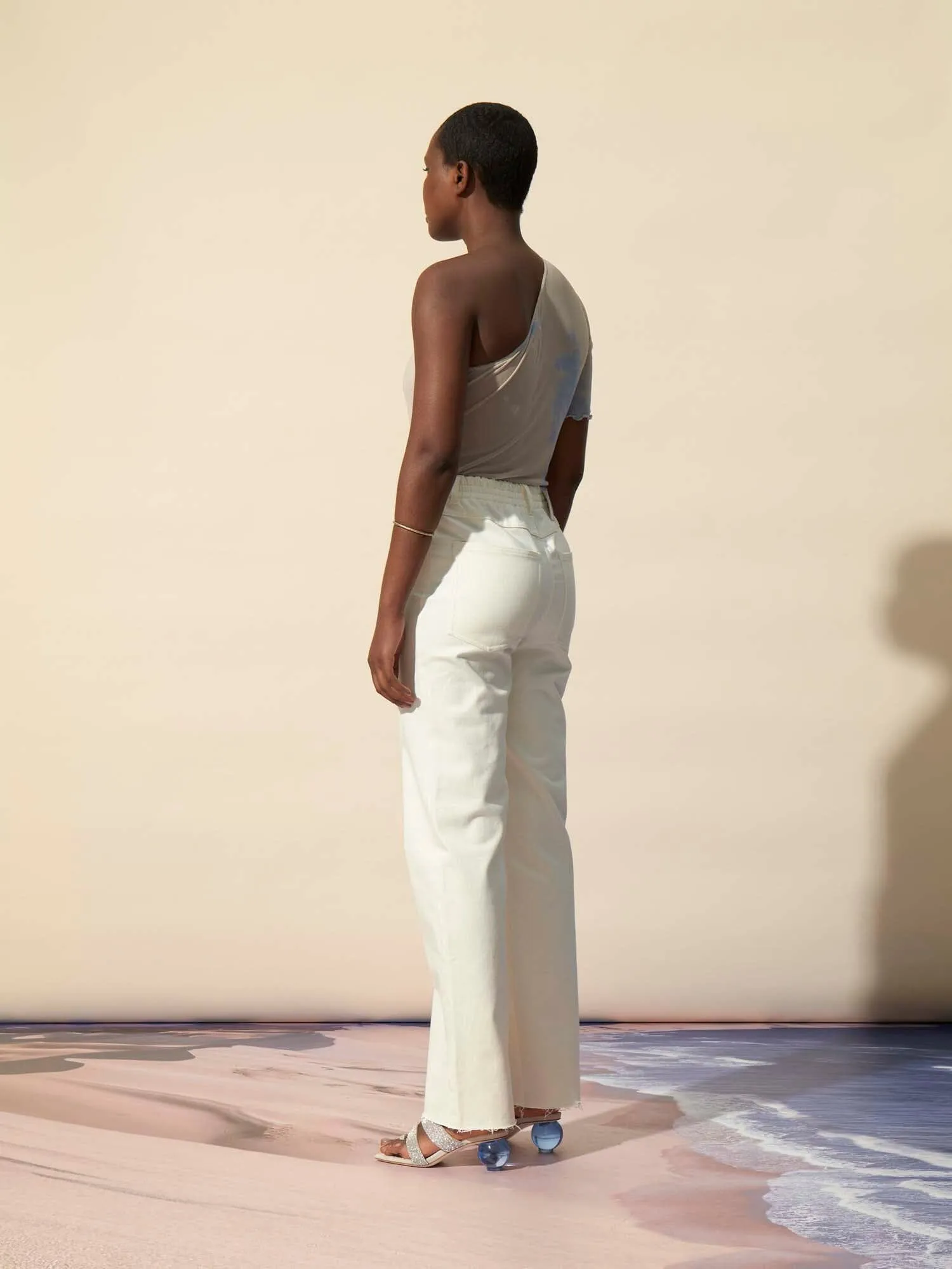 BLAKE - Jean droit taille mi-haute élastiquée et bas bord franc effilé denim GRS Ecru