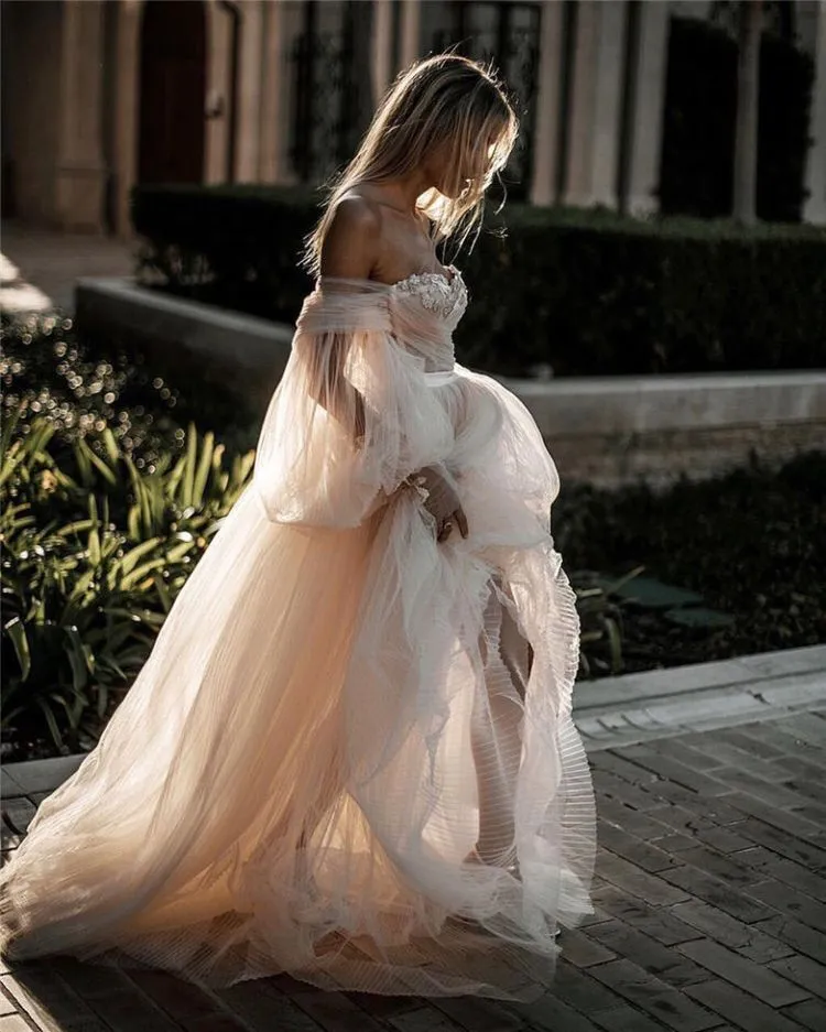 Blushing Pink Long Wedding Dresses Off-the-shoulder Long Sleeve Wedding Gowns SEW001