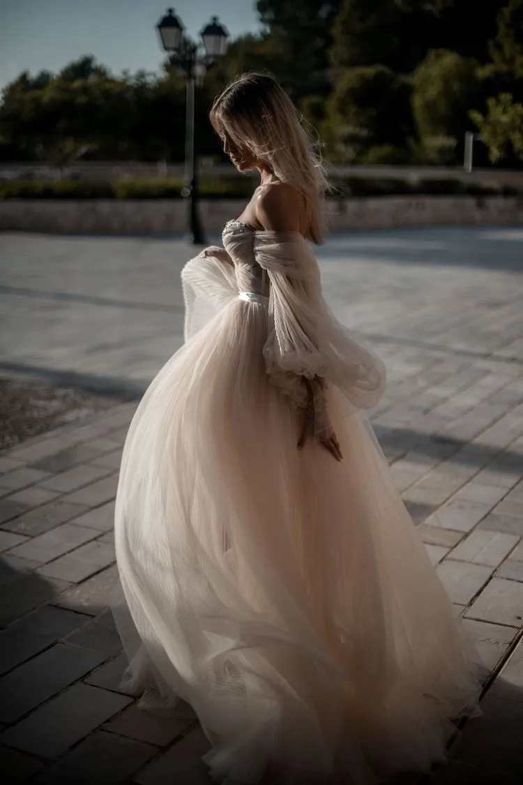 Blushing Pink Long Wedding Dresses Off-the-shoulder Long Sleeve Wedding Gowns SEW001