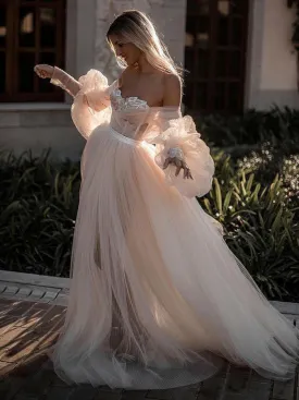 Blushing Pink Long Wedding Dresses Off-the-shoulder Long Sleeve Wedding Gowns SEW001