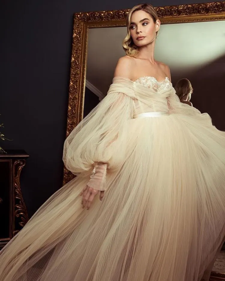 Blushing Pink Long Wedding Dresses Off-the-shoulder Long Sleeve Wedding Gowns SEW001