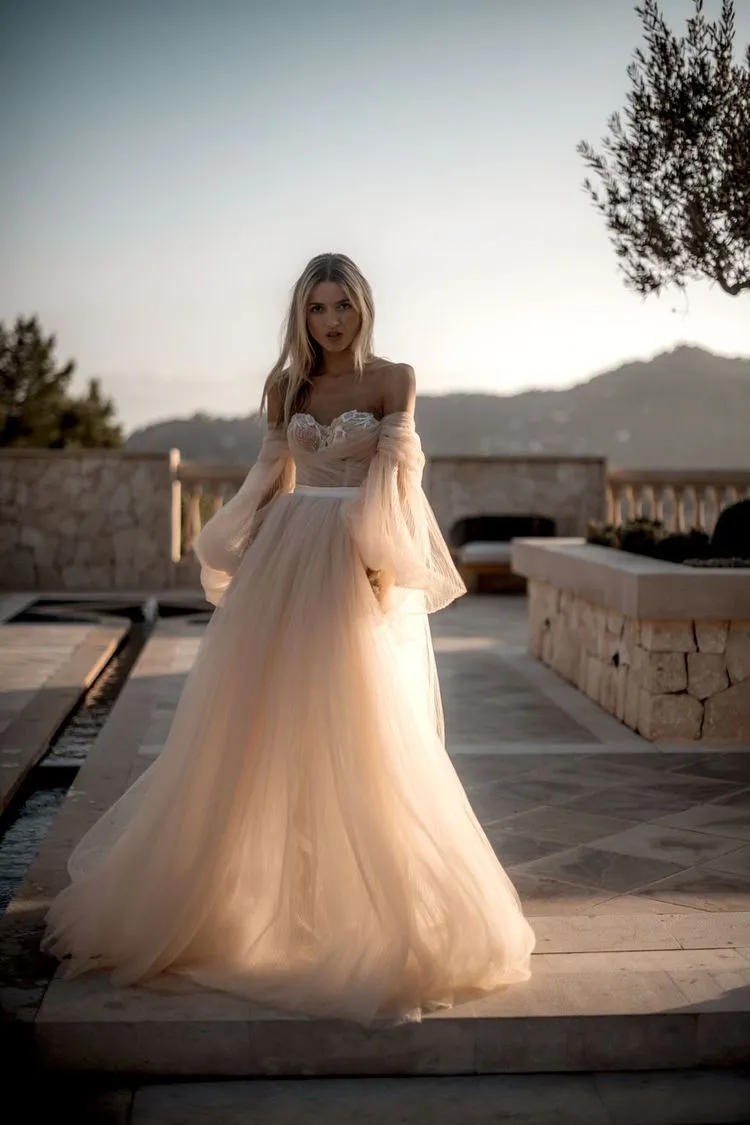 Blushing Pink Long Wedding Dresses Off-the-shoulder Long Sleeve Wedding Gowns SEW001