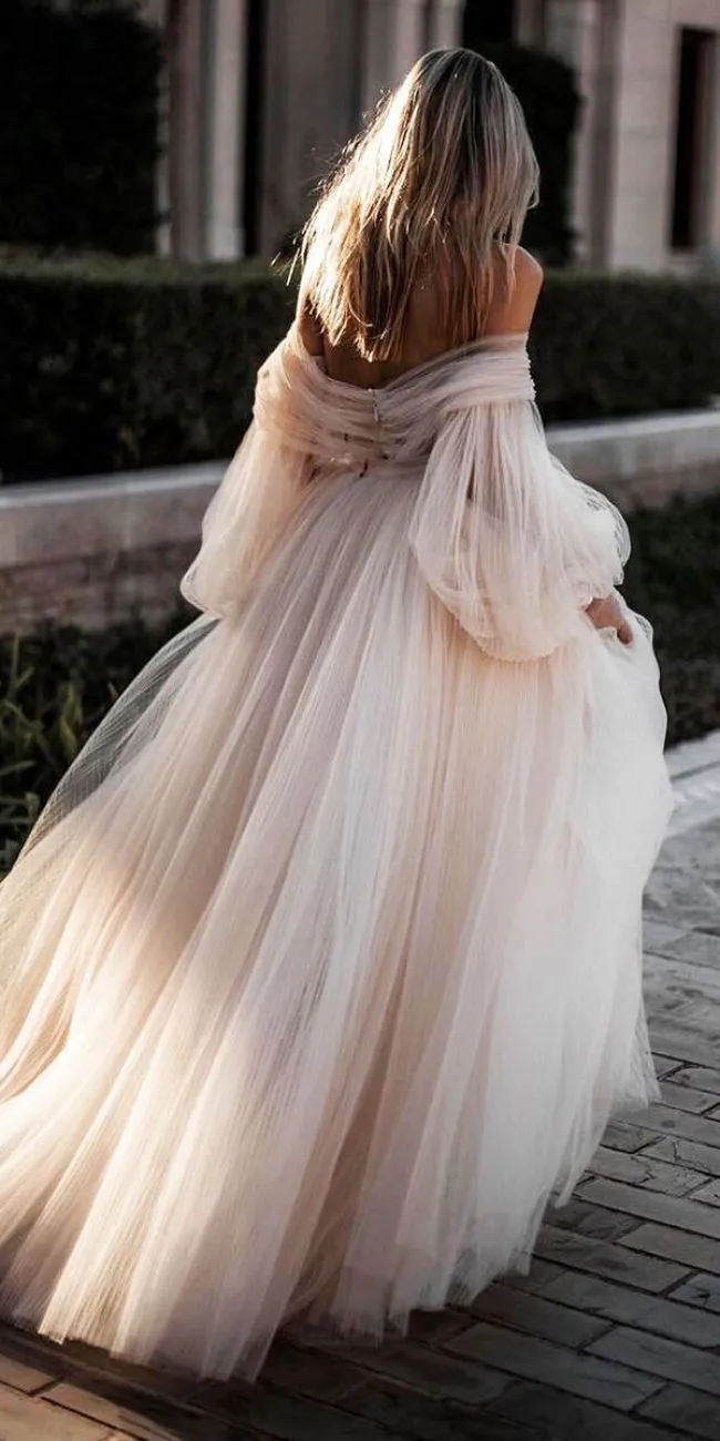 Blushing Pink Long Wedding Dresses Off-the-shoulder Long Sleeve Wedding Gowns SEW001