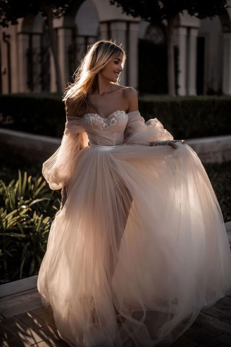 Blushing Pink Long Wedding Dresses Off-the-shoulder Long Sleeve Wedding Gowns SEW001