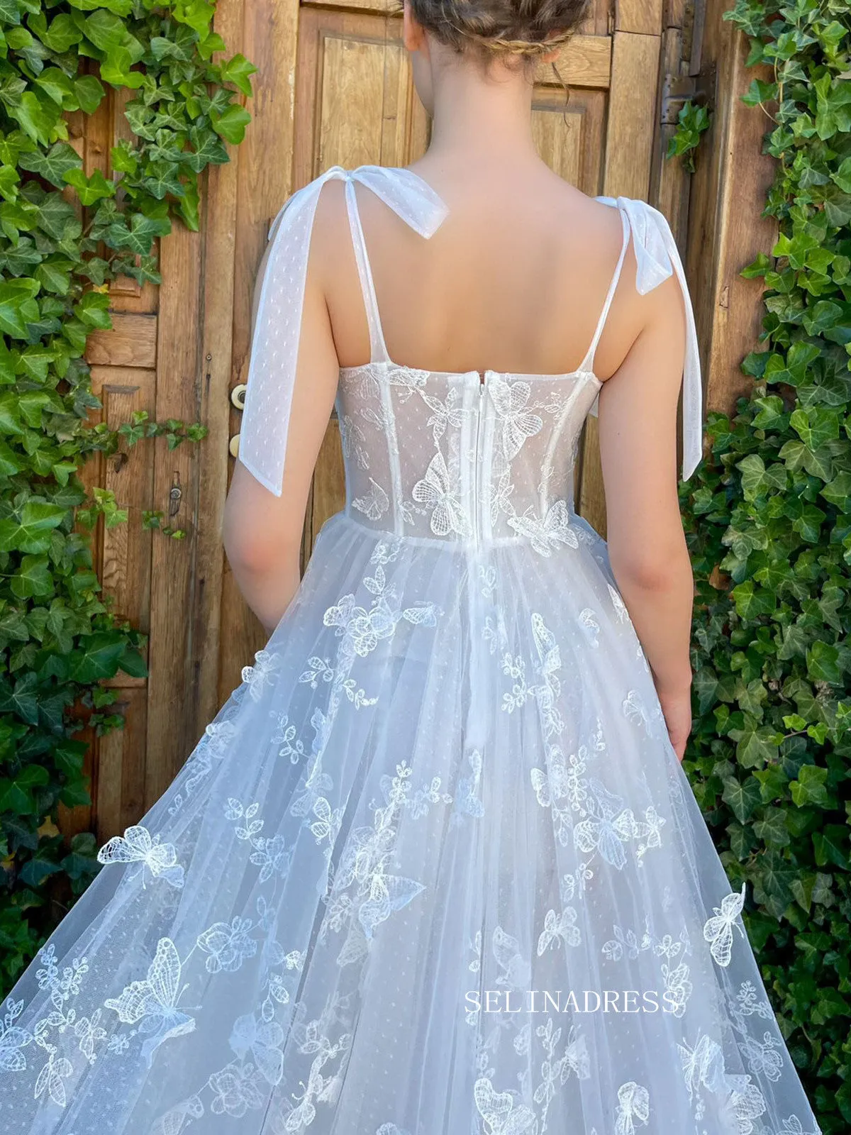 Chic A-line Straps White Long Prom Dress 3D Floral Lace Butterfly Charming Evening Gown #OPW035
