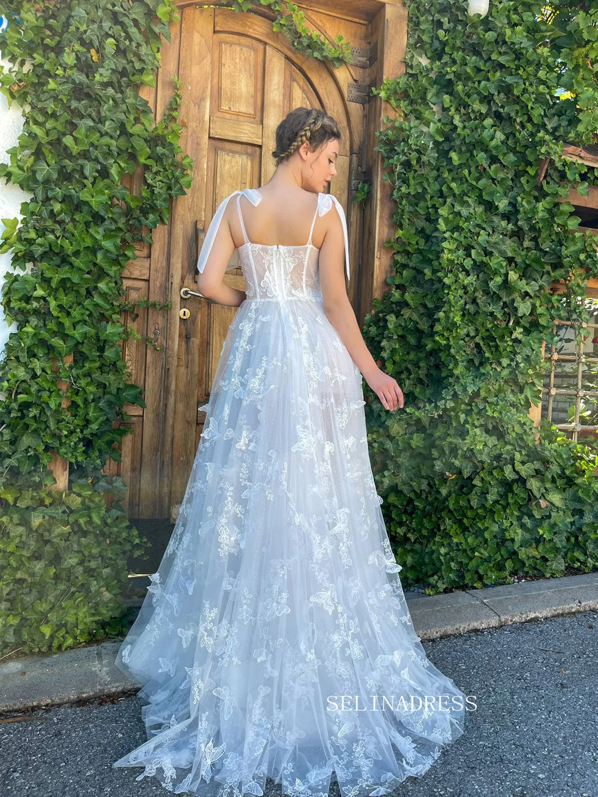 Chic A-line Straps White Long Prom Dress 3D Floral Lace Butterfly Charming Evening Gown #OPW035