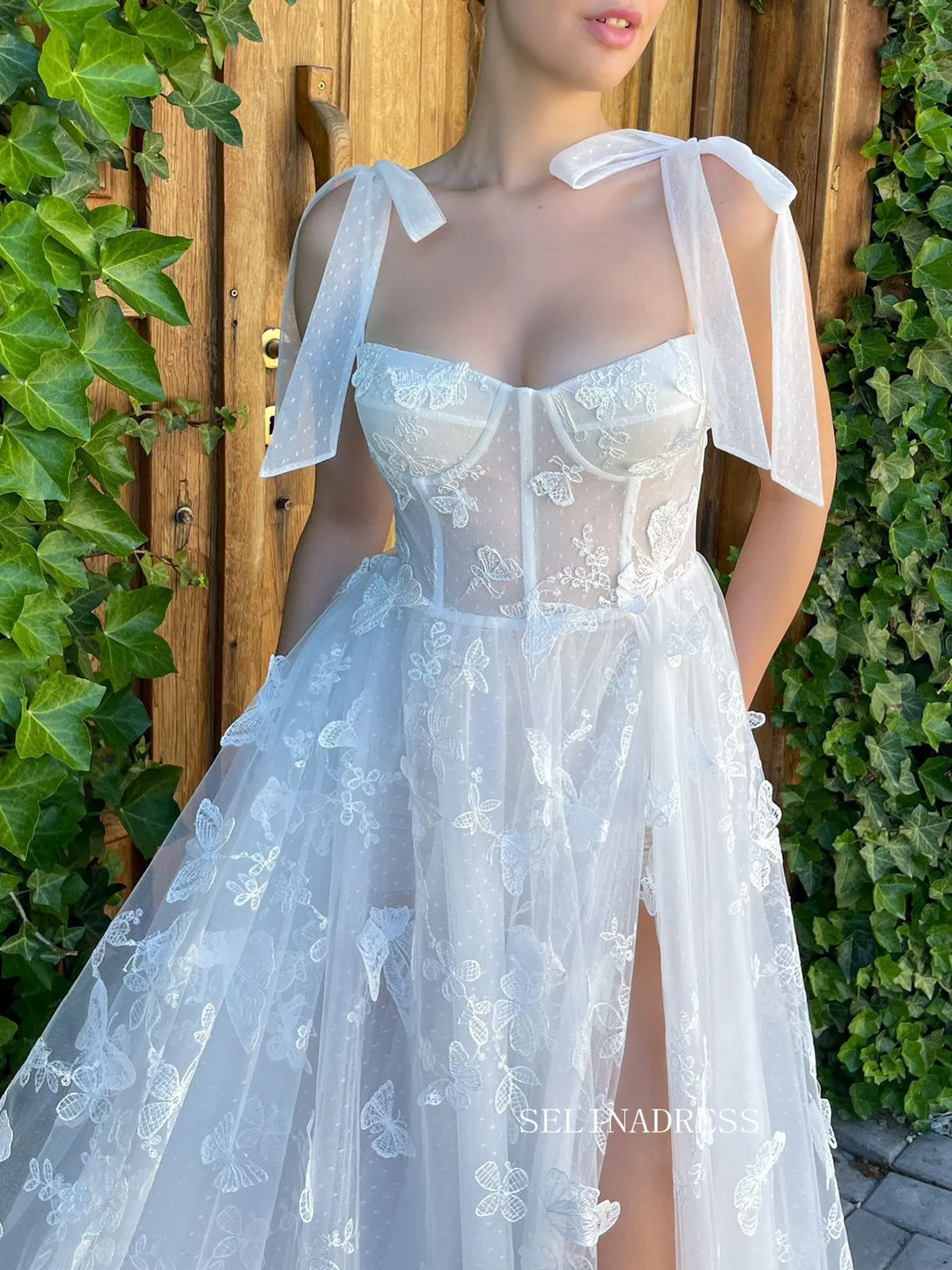 Chic A-line Straps White Long Prom Dress 3D Floral Lace Butterfly Charming Evening Gown #OPW035