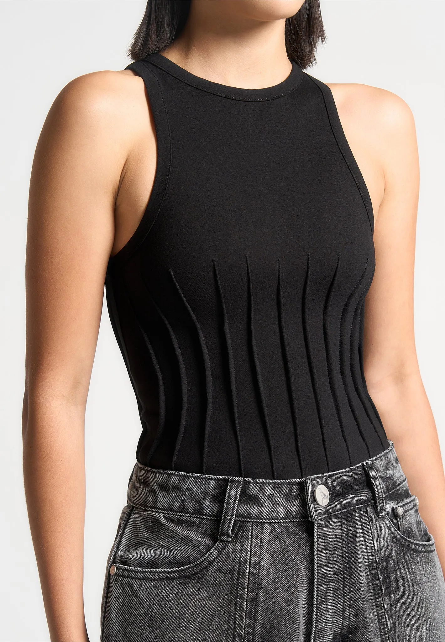 Contour Pleated Racer Bodysuit - Black