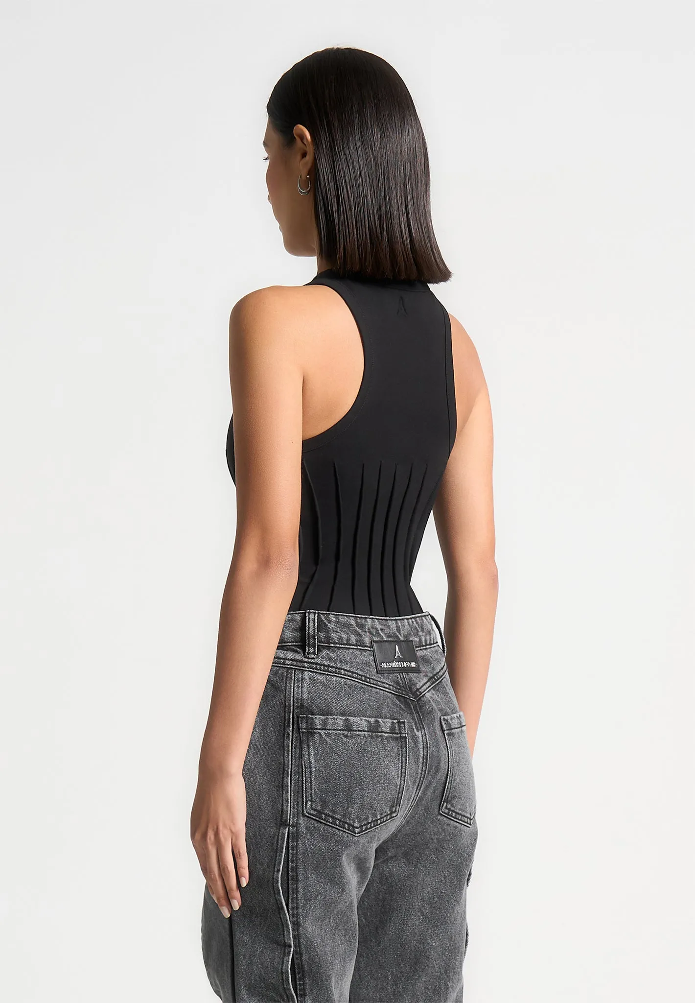 Contour Pleated Racer Bodysuit - Black