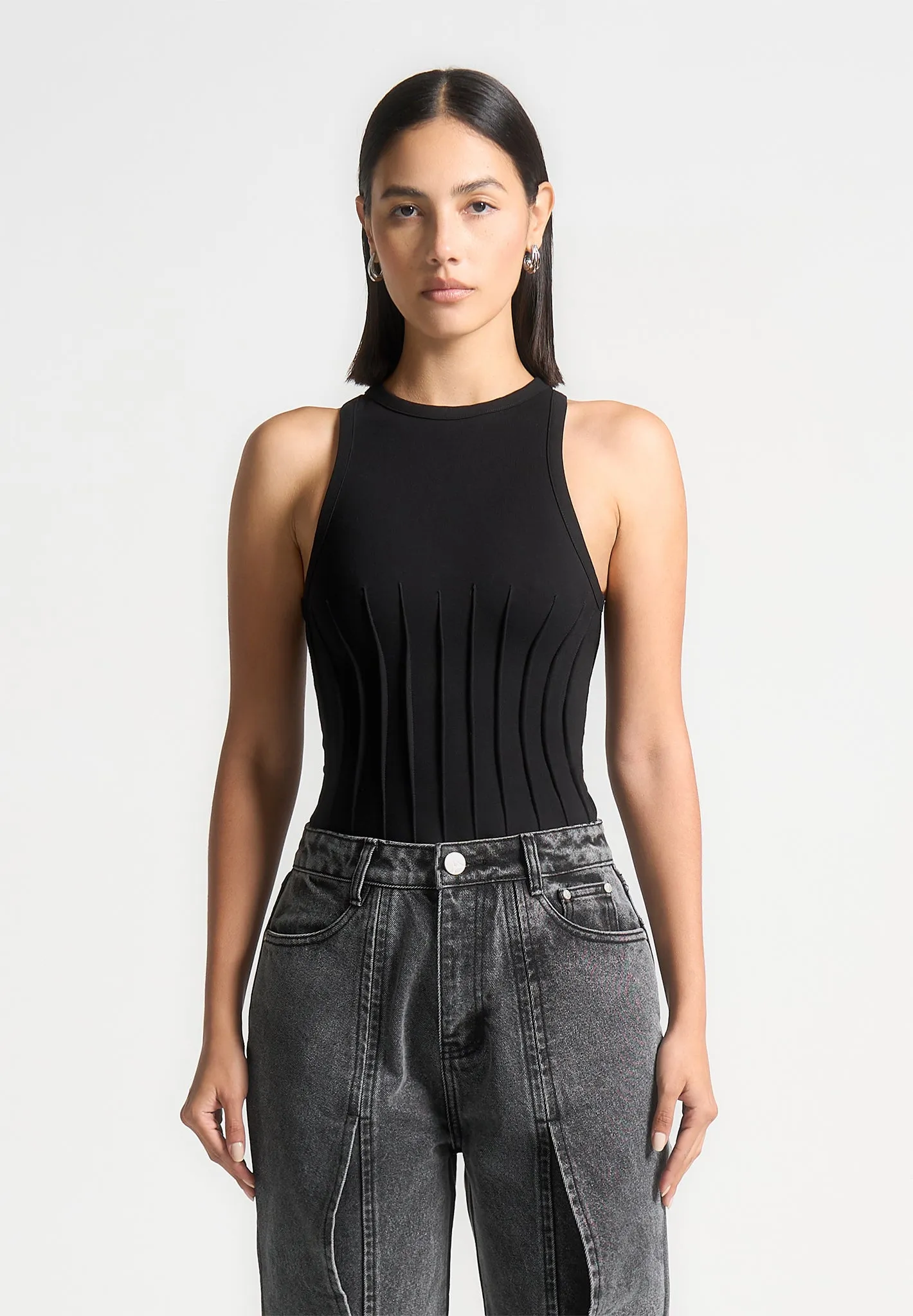 Contour Pleated Racer Bodysuit - Black