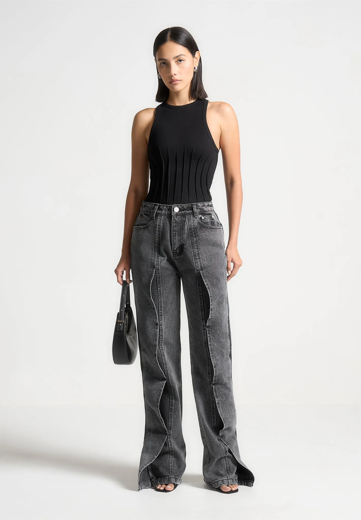 Contour Pleated Racer Bodysuit - Black