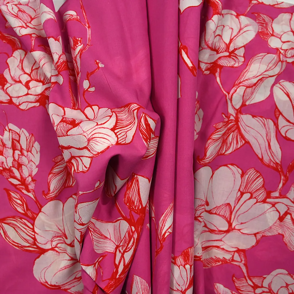 Coton imprimé croquis rouge fond rose fuchsia