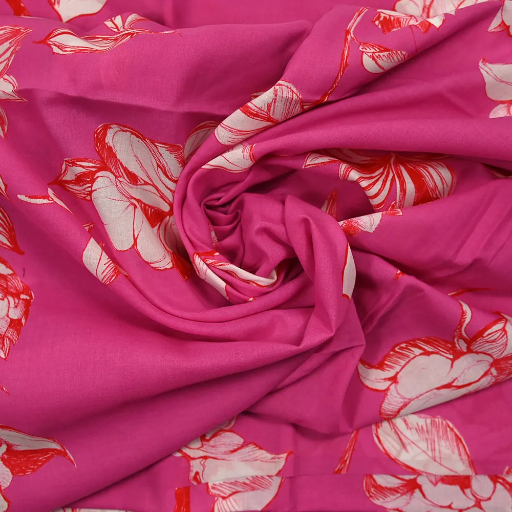 Coton imprimé croquis rouge fond rose fuchsia
