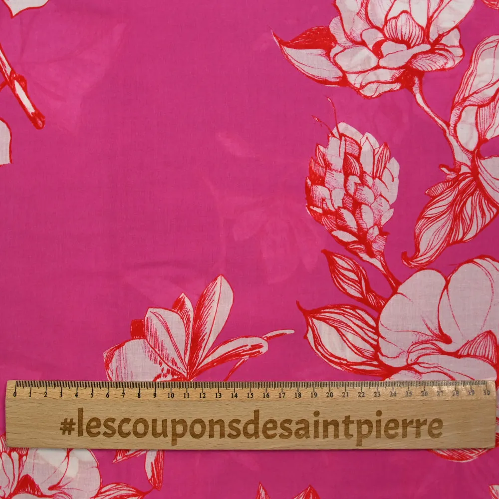Coton imprimé croquis rouge fond rose fuchsia
