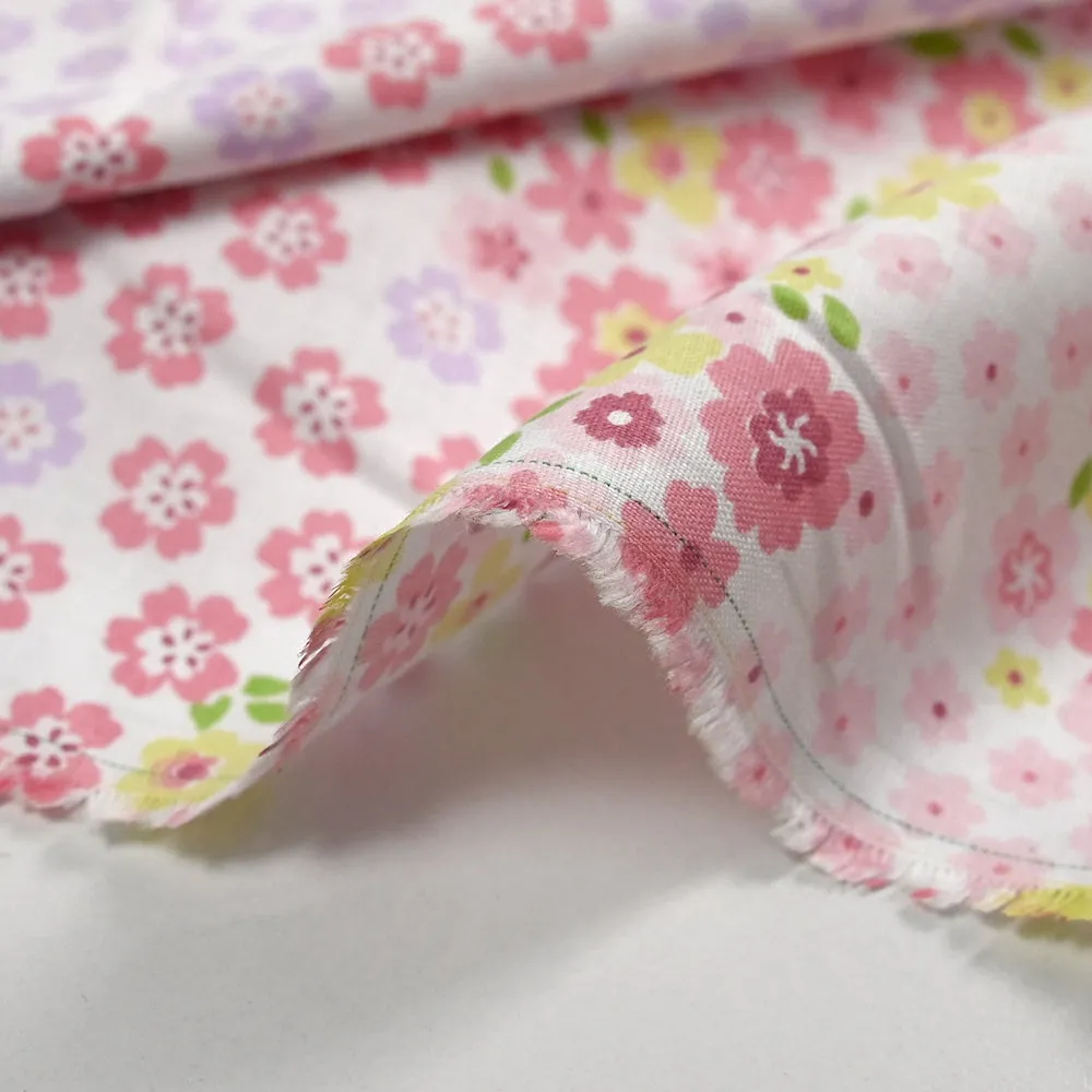 Coton imprimé fleurs Adèle rose fond blanc