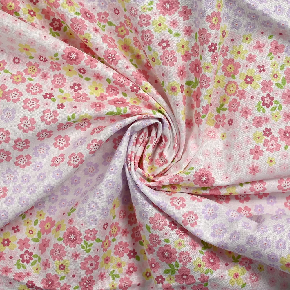 Coton imprimé fleurs Adèle rose fond blanc