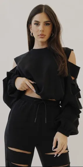 Cut Out Sleeve Fleece Sweatshirt