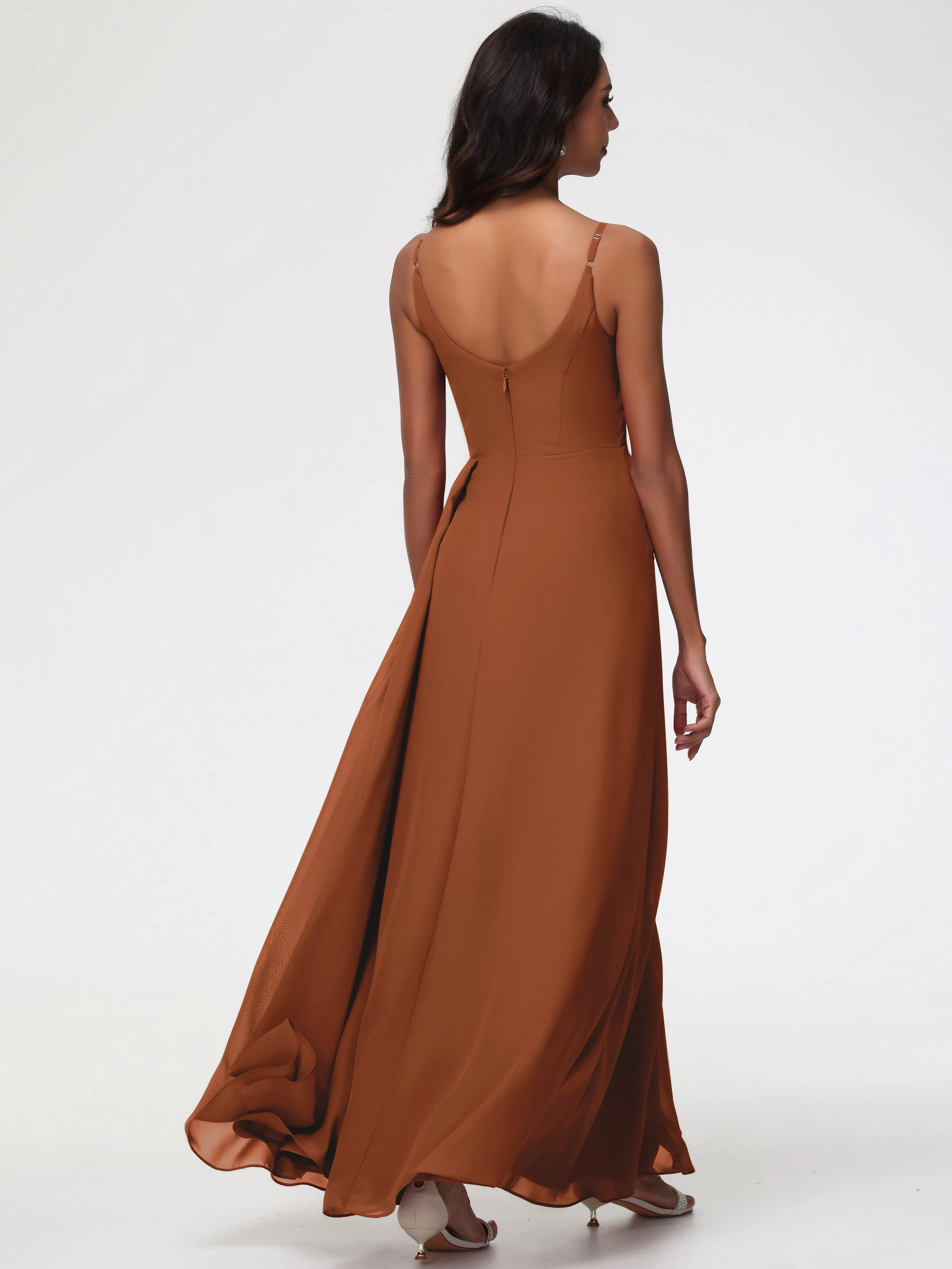 Dark Terracotta Bridesmaid Dress A-Line V-Neck Spaghetti Straps Ruched Chiffon Bridesmaid Dresses With Slit