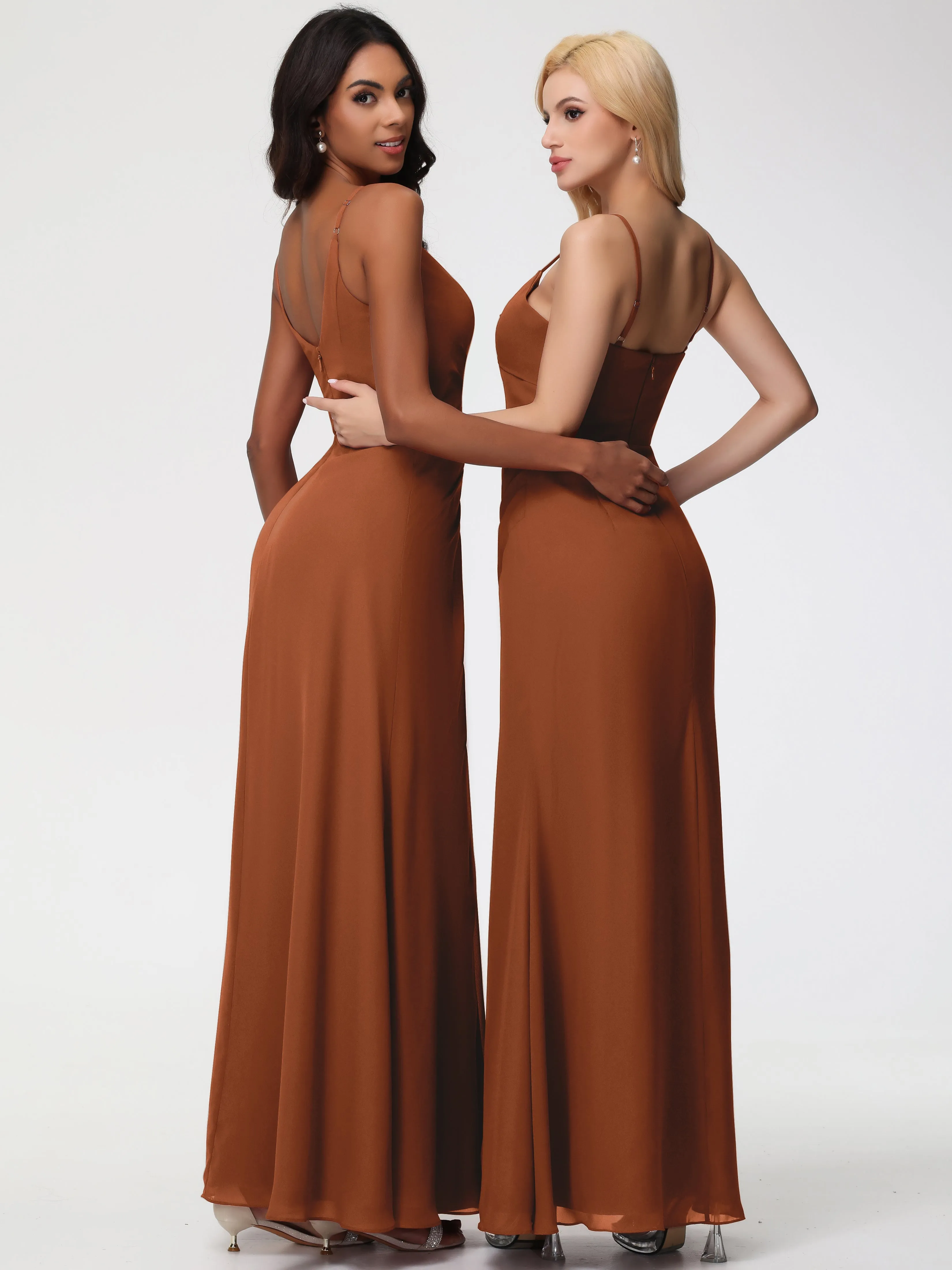 Dark Terracotta Bridesmaid Dress A-Line V-Neck Spaghetti Straps Ruched Chiffon Bridesmaid Dresses With Slit