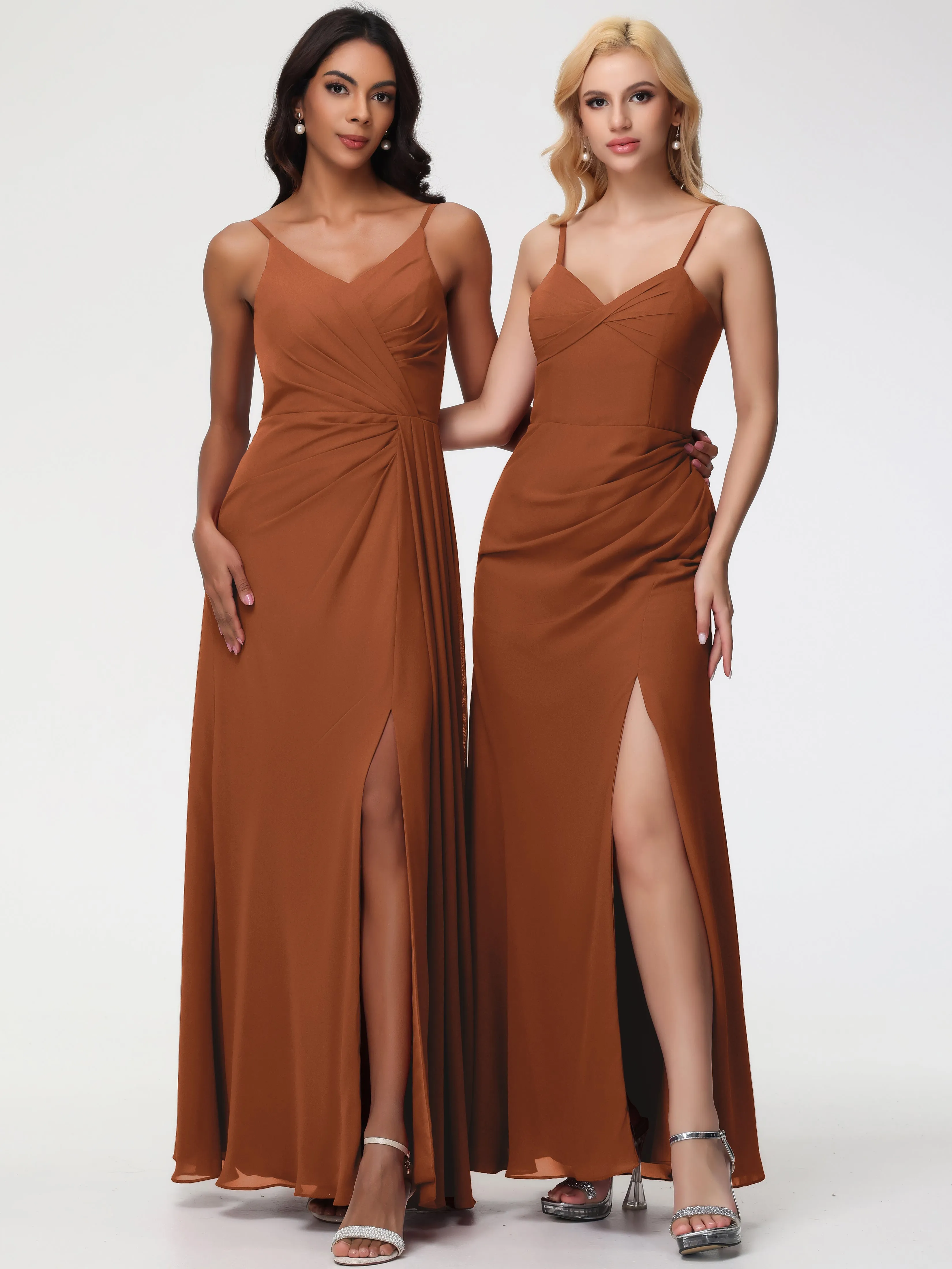 Dark Terracotta Bridesmaid Dress A-Line V-Neck Spaghetti Straps Ruched Chiffon Bridesmaid Dresses With Slit