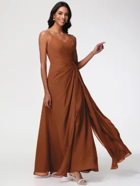 Dark Terracotta Bridesmaid Dress A-Line V-Neck Spaghetti Straps Ruched Chiffon Bridesmaid Dresses With Slit