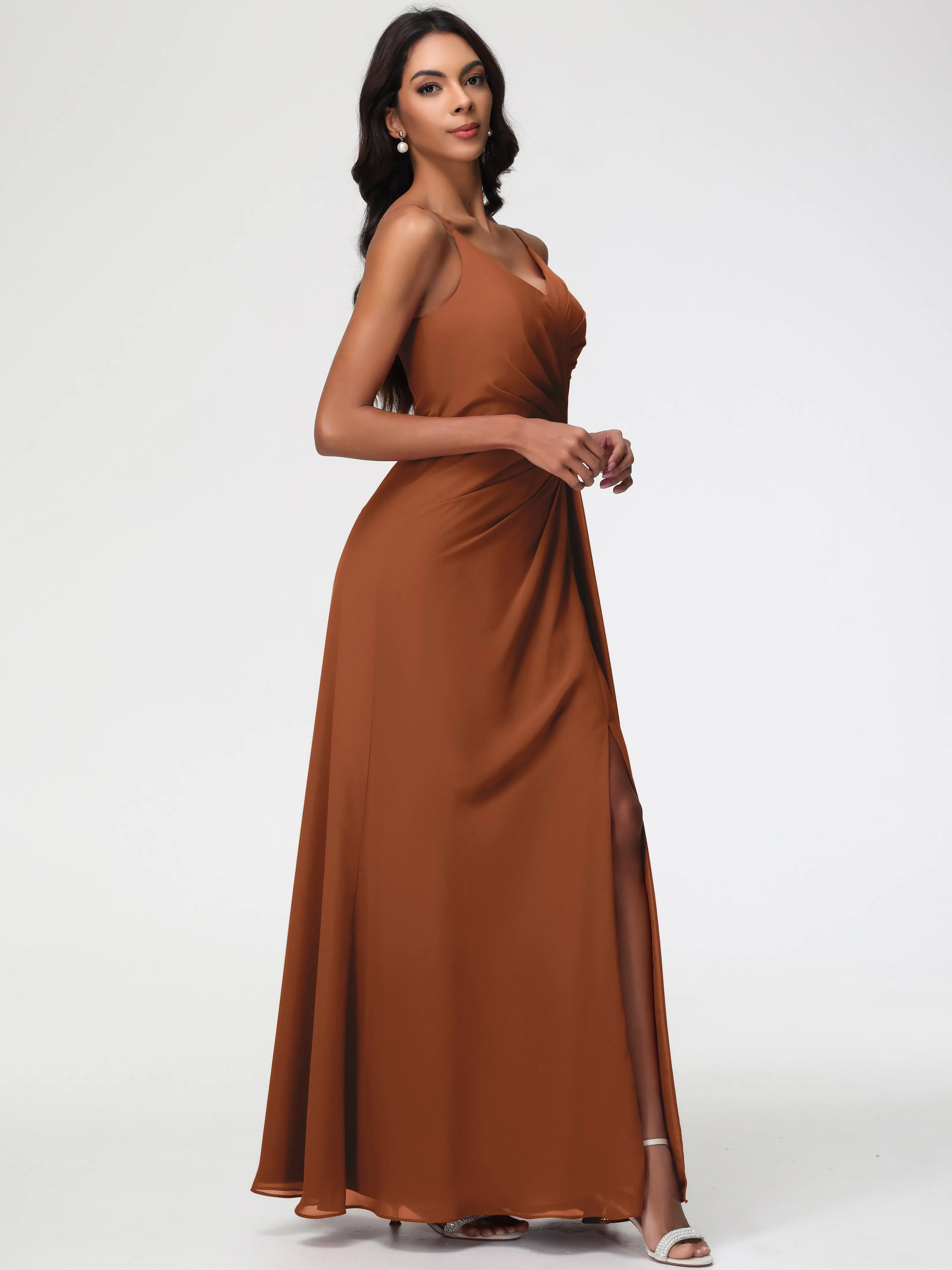 Dark Terracotta Bridesmaid Dress A-Line V-Neck Spaghetti Straps Ruched Chiffon Bridesmaid Dresses With Slit