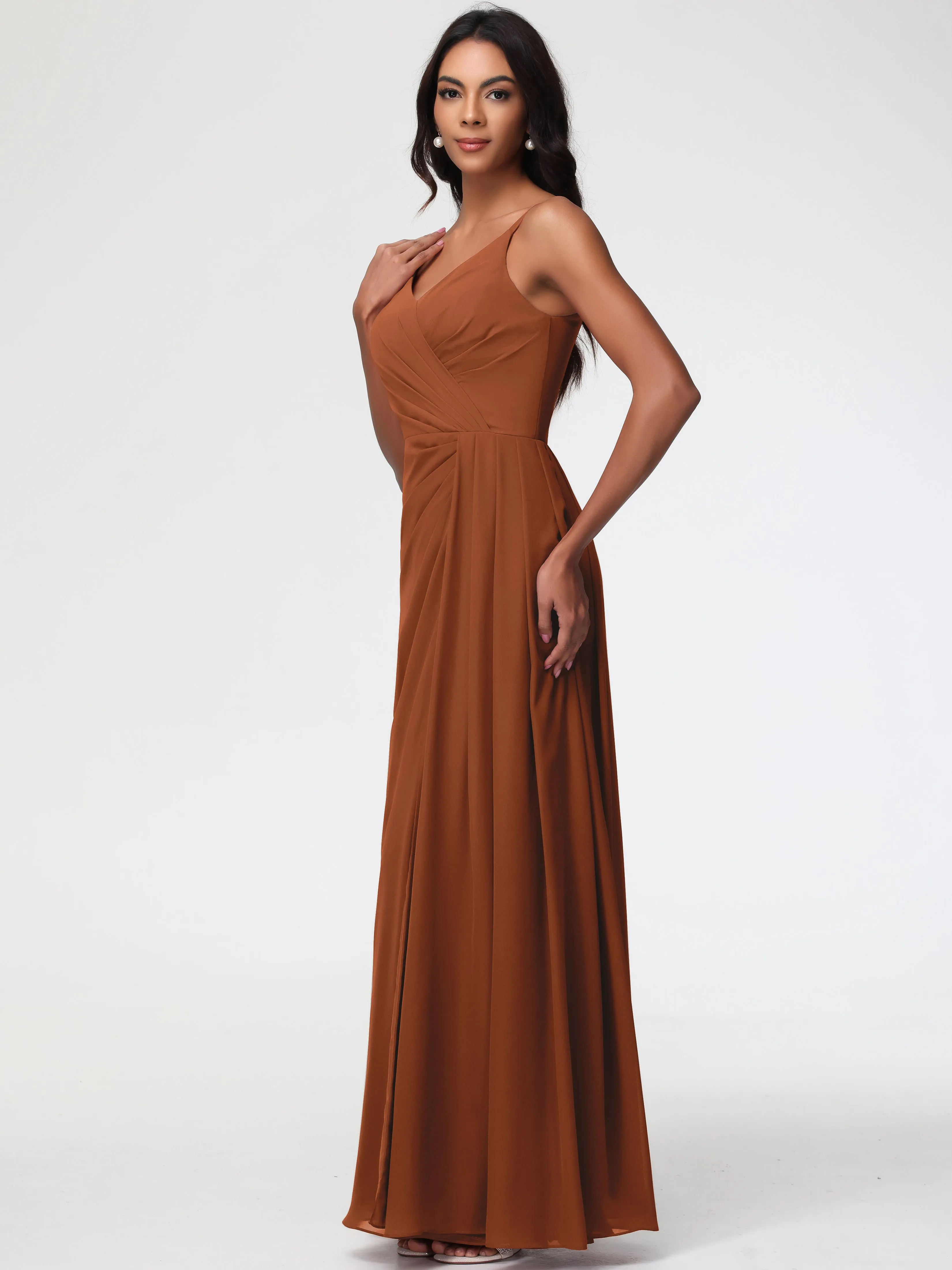 Dark Terracotta Bridesmaid Dress A-Line V-Neck Spaghetti Straps Ruched Chiffon Bridesmaid Dresses With Slit