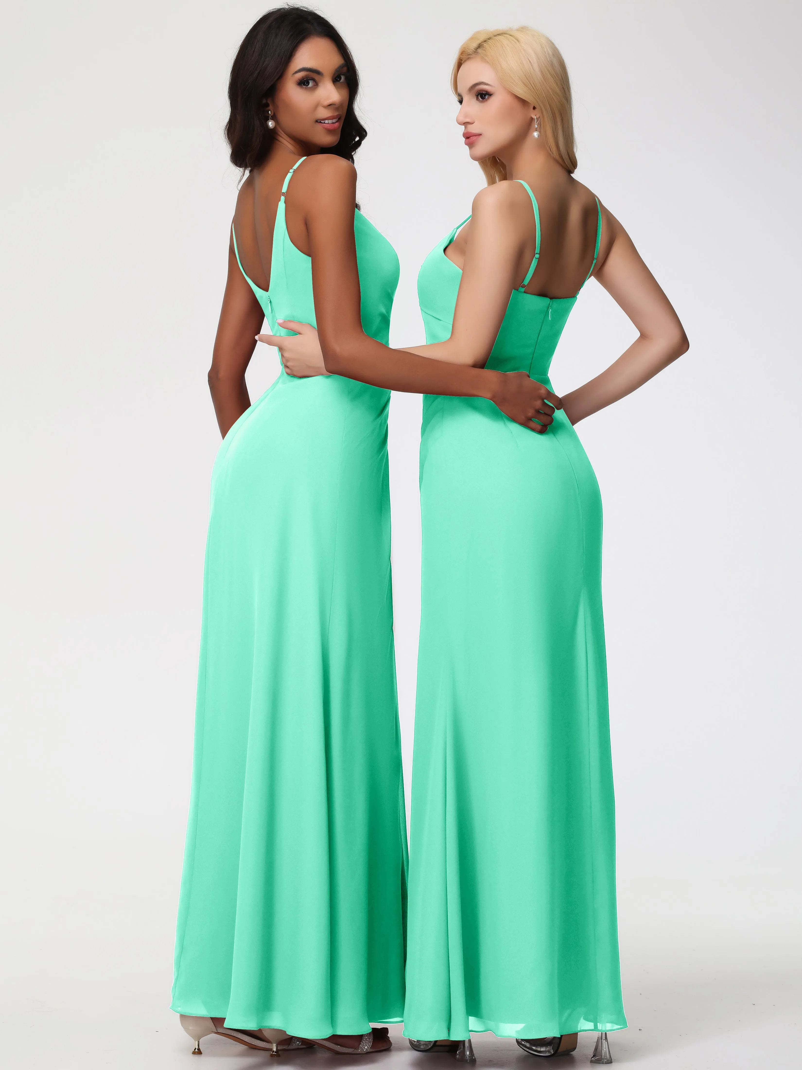 Dark Turquoise Bridesmaid Dresses A-Line V-Neck Spaghetti Straps Ruched Chiffon Bridesmaid Dresses With Slit